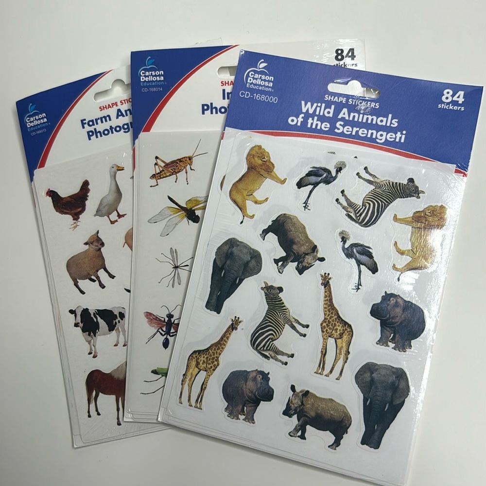 Carson Dellosa set of 3 sticker packs. Realistic animals and insects